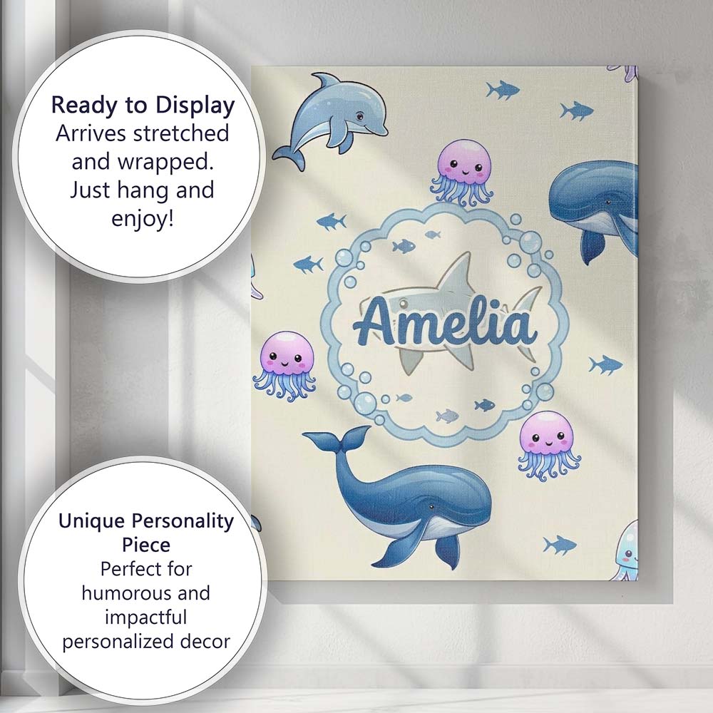 Personalised Name Cute Dolphin Shark and Custom  Unique Gift Idea Elegant Feature Canvas Wall Art Print Decor Picture Ready to Hang