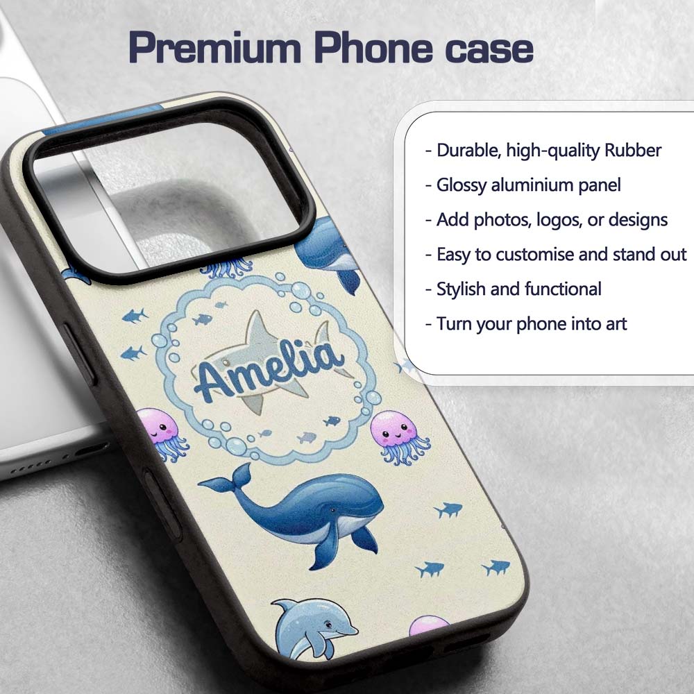 Cute Dolphin Shark and Jellyfish Ocean Animals Custom Name Protective Phone Case Mobile Cover Durable Everyday Smartphone Shock Resistant