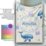 Cute Dolphin Shark and Jellyfish Ocean Animals Neutral Beige Lovely  Personalised Custom Name Super Soft Fleece Blanket Bed Sofa Throw