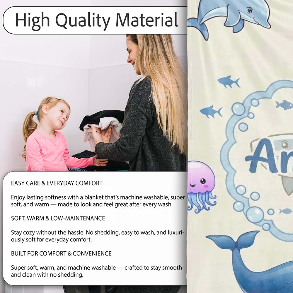 Cute Dolphin Shark and Jellyfish Ocean Animals Neutral Beige Lovely  Personalised Custom Name Super Soft Fleece Blanket Bed Sofa Throw