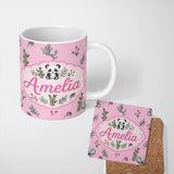 Personalized Custom Name Cute Panda Bamboo and Floral Minimal Seamless Pattern on Blush Pink 11oz Ceramic Coffee Tea Mug White Large Handle