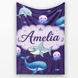 Cute Dolphin Shark and Jellyfish Ocean Animals Purple Background  Personalised Custom Name Super Soft Fleece Blanket Bed Sofa Throw