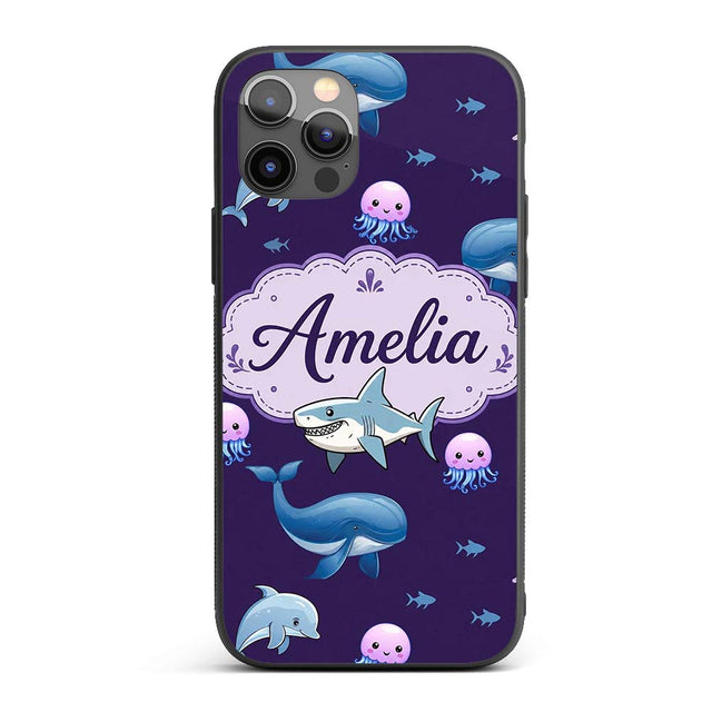 Cute Dolphin Shark and Jellyfish Ocean Animals Custom Name Protective Phone Case Mobile Cover Durable Everyday Smartphone Shock Resistant