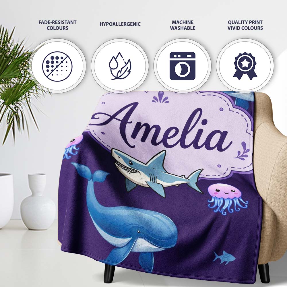 Cute Dolphin Shark and Jellyfish Ocean Animals Purple Background  Personalised Custom Name Super Soft Fleece Blanket Bed Sofa Throw