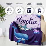 Cute Dolphin Shark and Jellyfish Ocean Animals Purple Background  Personalised Custom Name Super Soft Fleece Blanket Bed Sofa Throw