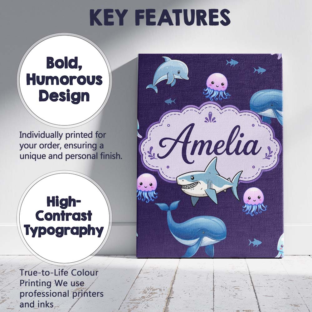 Personalised Name Cute Dolphin Shark and Custom  Unique Gift Idea Elegant Feature Canvas Wall Art Print Decor Picture Ready to Hang
