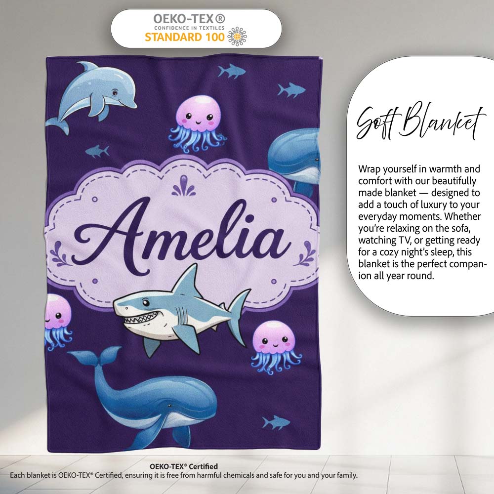 Cute Dolphin Shark and Jellyfish Ocean Animals Purple Background  Personalised Custom Name Super Soft Fleece Blanket Bed Sofa Throw