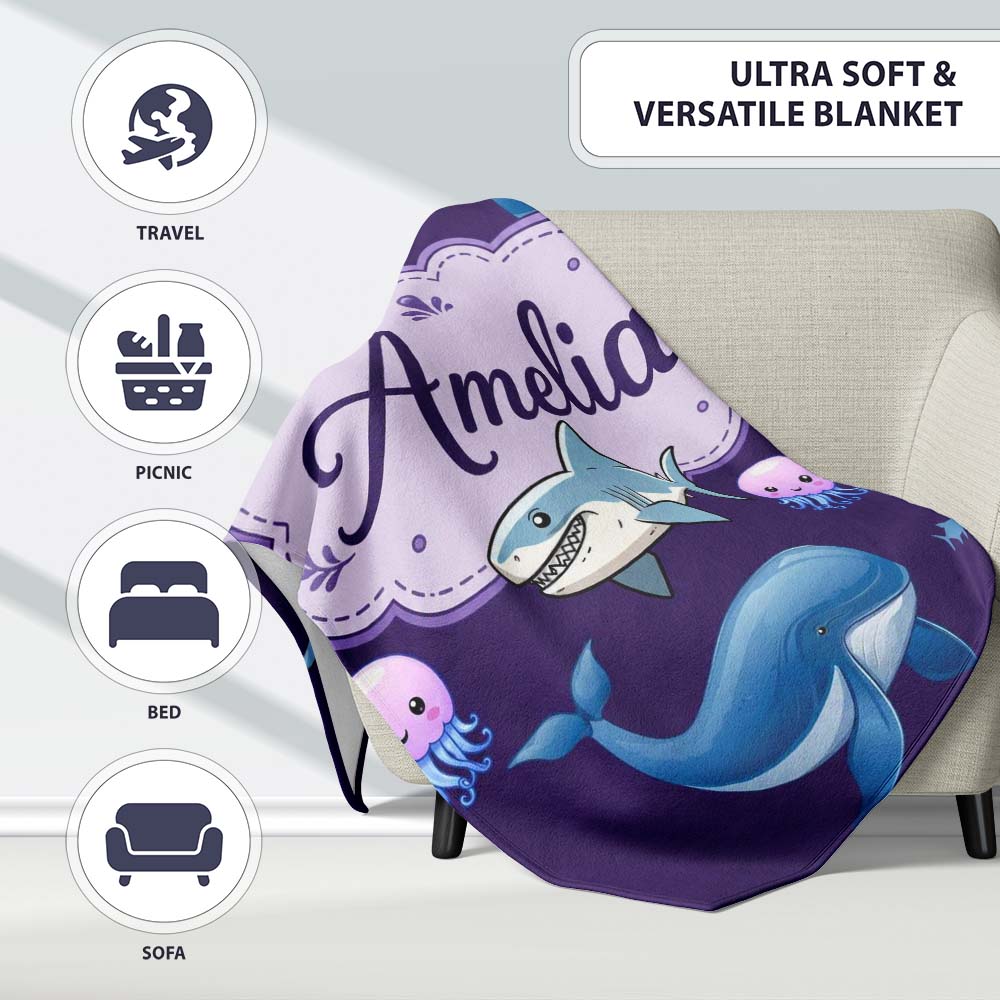 Cute Dolphin Shark and Jellyfish Ocean Animals Purple Background  Personalised Custom Name Super Soft Fleece Blanket Bed Sofa Throw