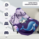 Cute Dolphin Shark and Jellyfish Ocean Animals Purple Background  Personalised Custom Name Super Soft Fleece Blanket Bed Sofa Throw