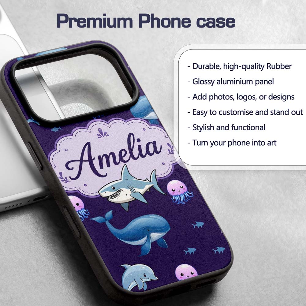 Cute Dolphin Shark and Jellyfish Ocean Animals Custom Name Protective Phone Case Mobile Cover Durable Everyday Smartphone Shock Resistant