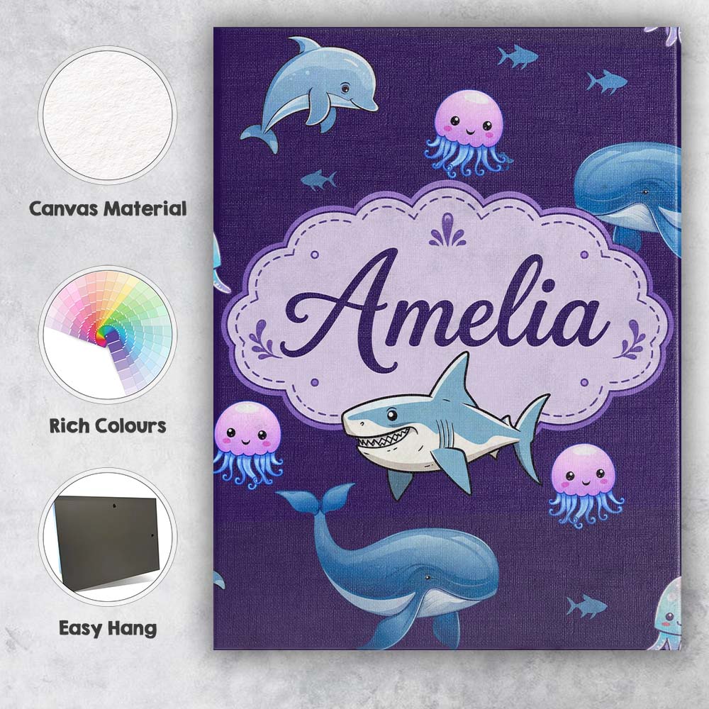 Personalised Name Cute Dolphin Shark and Custom  Unique Gift Idea Elegant Feature Canvas Wall Art Print Decor Picture Ready to Hang