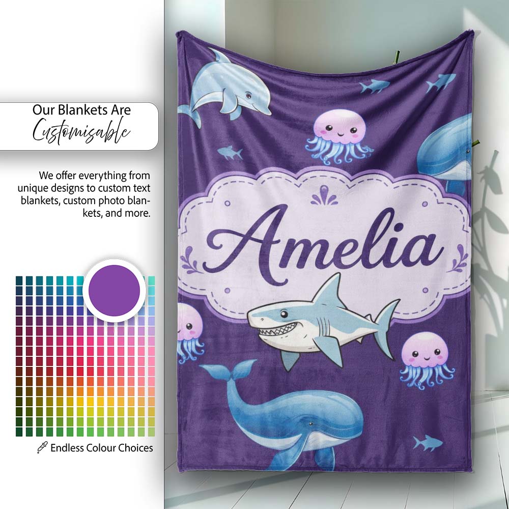 Cute Dolphin Shark and Jellyfish Ocean Animals Purple Background  Personalised Custom Name Super Soft Fleece Blanket Bed Sofa Throw