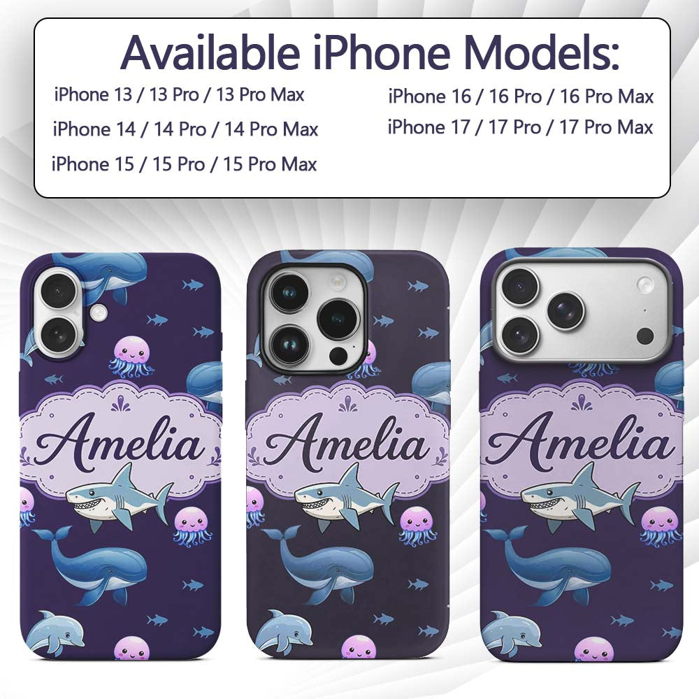 Cute Dolphin Shark and Jellyfish Ocean Animals Custom Name Protective Phone Case Mobile Cover Durable Everyday Smartphone Shock Resistant