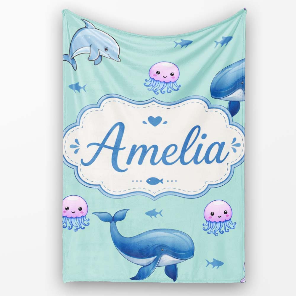 Cute Dolphin Shark and Jellyfish Ocean Animals Mint Green Background  Personalised Custom Name Super Soft Fleece Blanket Bed Sofa Throw