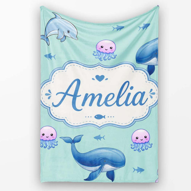 Cute Dolphin Shark and Jellyfish Ocean Animals Mint Green Background  Personalised Custom Name Super Soft Fleece Blanket Bed Sofa Throw