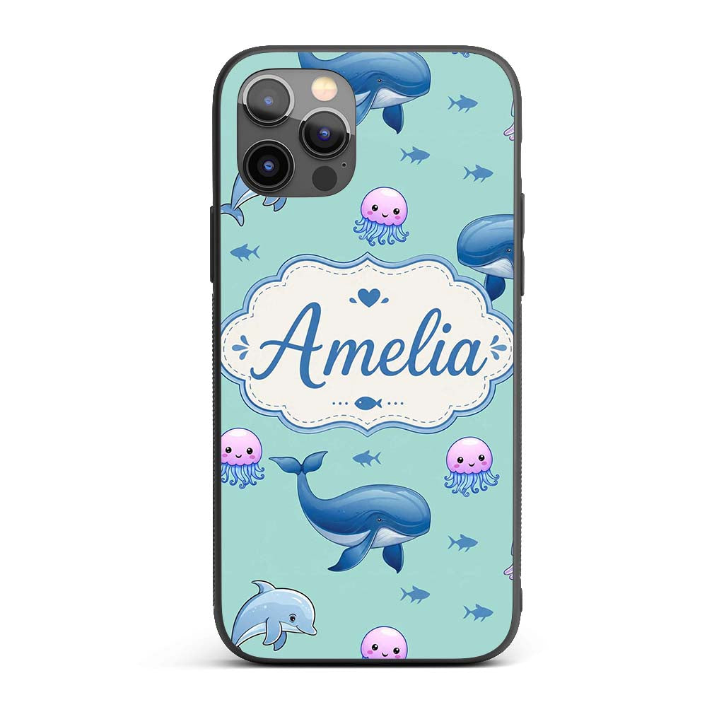 Cute Dolphin Shark and Jellyfish Ocean Animals Custom Name Protective Phone Case Mobile Cover Durable Everyday Smartphone Shock Resistant