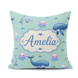 Custom Name Dolphin Shark and Jellyfish Ocean Animals Mint Green Square Filled Cushion Throw Pillow Sofa Bed Home Decor Zip Washable UK Made
