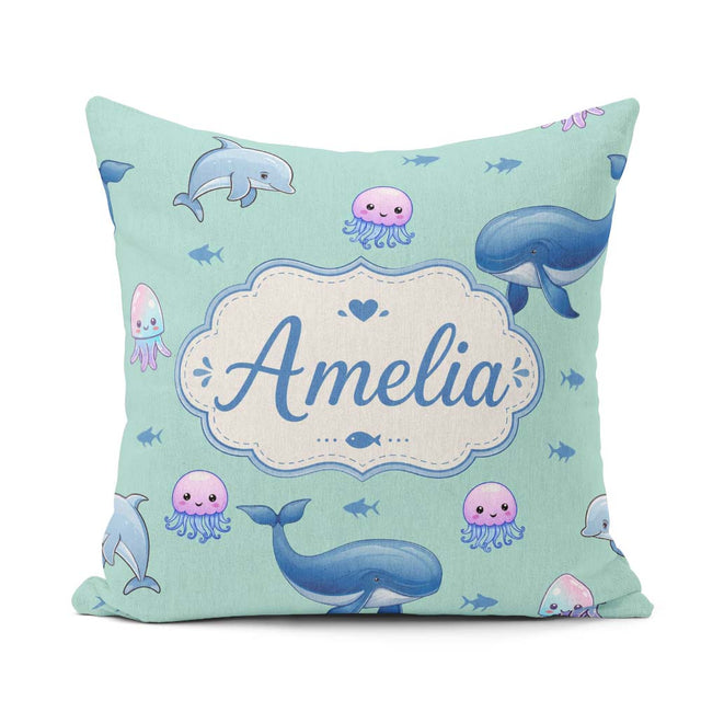 Custom Name Dolphin Shark and Jellyfish Ocean Animals Mint Green Square Filled Cushion Throw Pillow Sofa Bed Home Decor Zip Washable UK Made