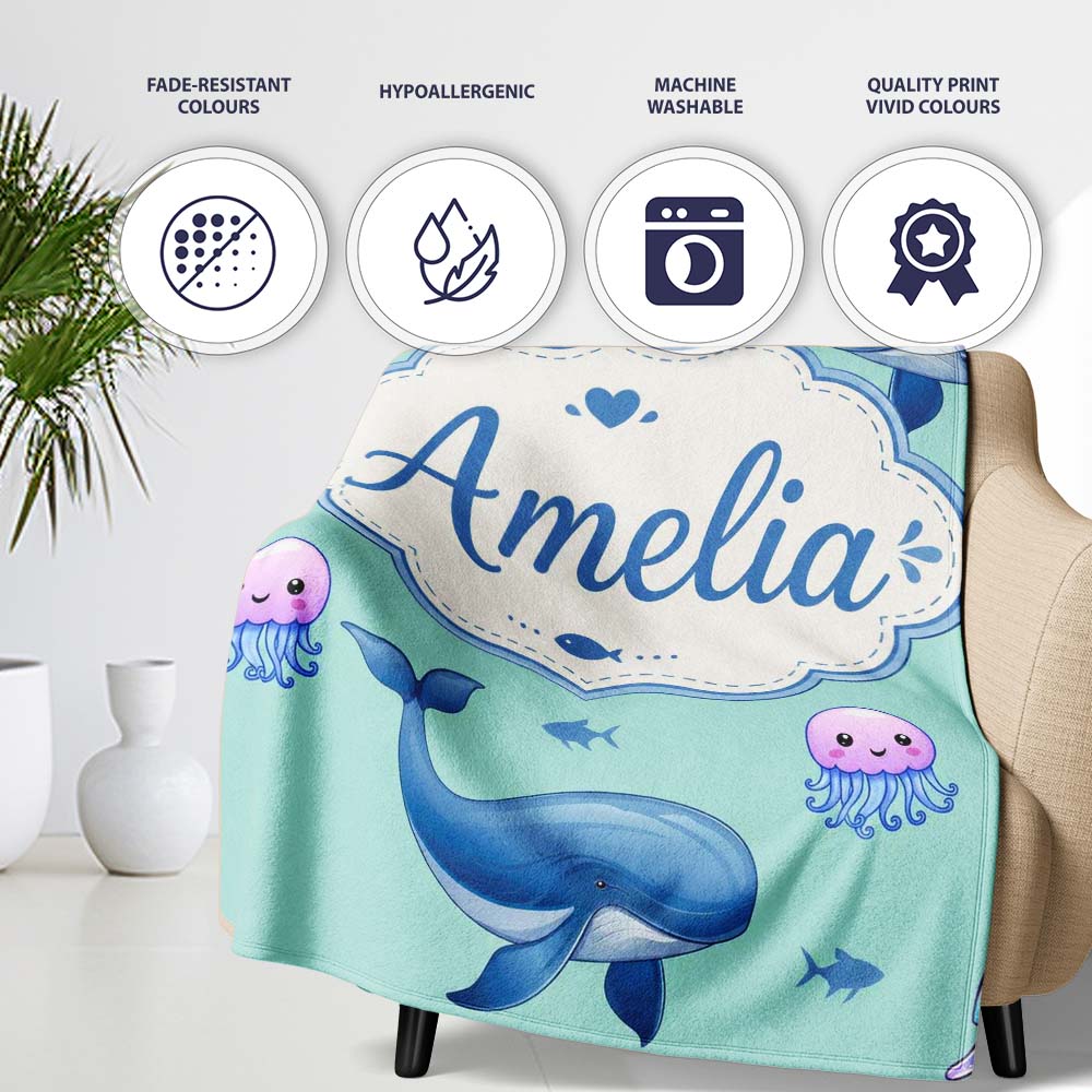 Cute Dolphin Shark and Jellyfish Ocean Animals Mint Green Background  Personalised Custom Name Super Soft Fleece Blanket Bed Sofa Throw