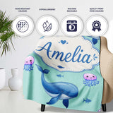 Cute Dolphin Shark and Jellyfish Ocean Animals Mint Green Background  Personalised Custom Name Super Soft Fleece Blanket Bed Sofa Throw