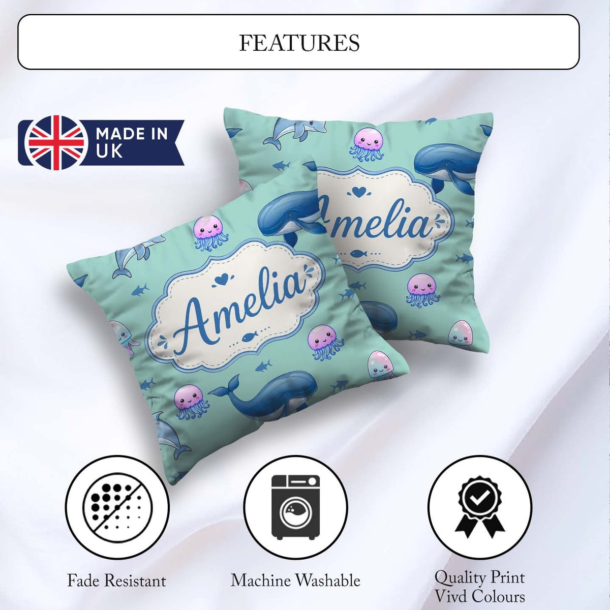 Custom Name Dolphin Shark and Jellyfish Ocean Animals Mint Green Square Filled Cushion Throw Pillow Sofa Bed Home Decor Zip Washable UK Made