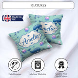 Custom Name Dolphin Shark and Jellyfish Ocean Animals Mint Green Square Filled Cushion Throw Pillow Sofa Bed Home Decor Zip Washable UK Made