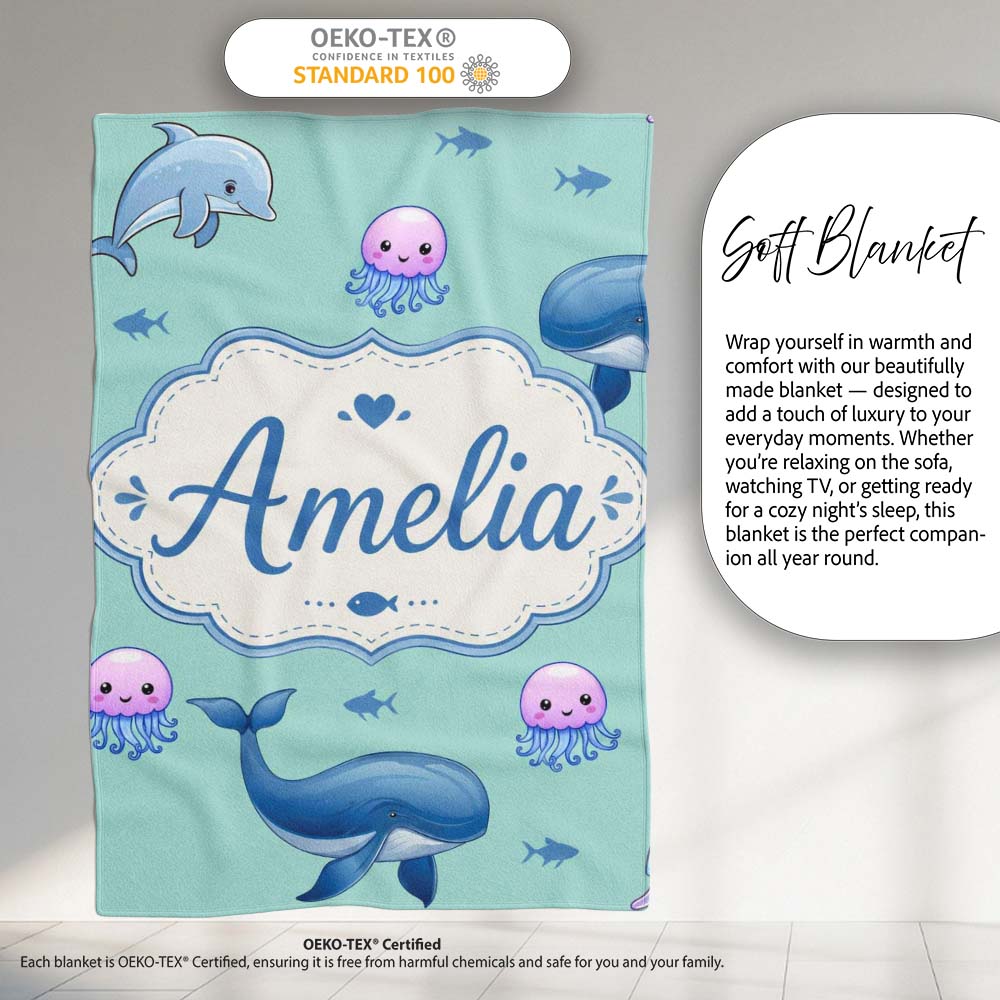 Cute Dolphin Shark and Jellyfish Ocean Animals Mint Green Background  Personalised Custom Name Super Soft Fleece Blanket Bed Sofa Throw