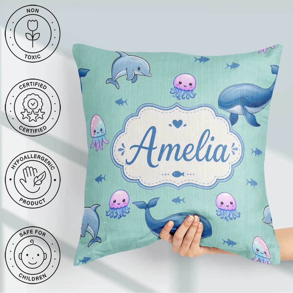 Custom Name Dolphin Shark and Jellyfish Ocean Animals Mint Green Square Filled Cushion Throw Pillow Sofa Bed Home Decor Zip Washable UK Made