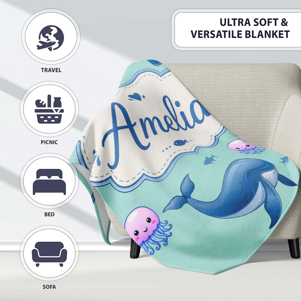 Cute Dolphin Shark and Jellyfish Ocean Animals Mint Green Background  Personalised Custom Name Super Soft Fleece Blanket Bed Sofa Throw