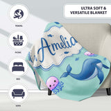 Cute Dolphin Shark and Jellyfish Ocean Animals Mint Green Background  Personalised Custom Name Super Soft Fleece Blanket Bed Sofa Throw