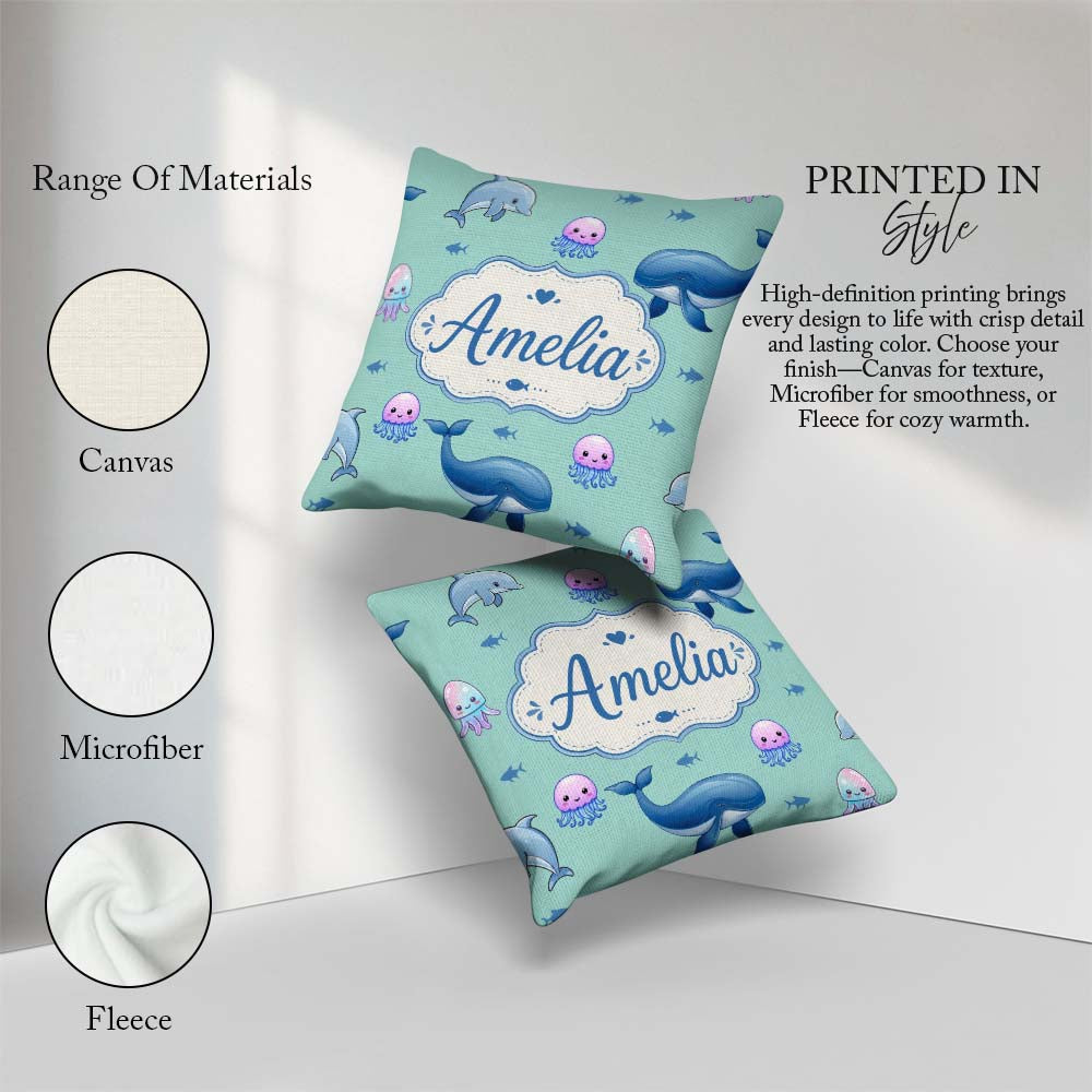 Custom Name Dolphin Shark and Jellyfish Ocean Animals Mint Green Square Filled Cushion Throw Pillow Sofa Bed Home Decor Zip Washable UK Made