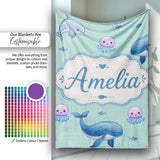 Cute Dolphin Shark and Jellyfish Ocean Animals Mint Green Background  Personalised Custom Name Super Soft Fleece Blanket Bed Sofa Throw