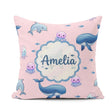 Custom Name Dolphin Shark and Ocean Animals Soft Pink Background Square Filled Cushion Throw Pillow Sofa Bed Home Decor Zip Washable UK Made