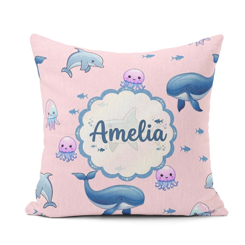 Custom Name Dolphin Shark and Ocean Animals Soft Pink Background Square Filled Cushion Throw Pillow Sofa Bed Home Decor Zip Washable UK Made