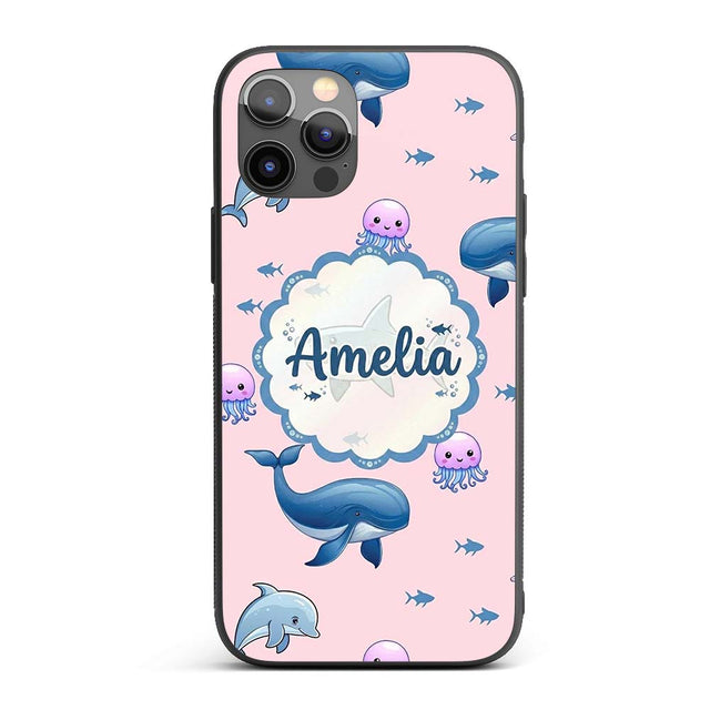 Cute Dolphin Shark and Jellyfish Ocean Animals Custom Name Protective Phone Case Mobile Cover Durable Everyday Smartphone Shock Resistant