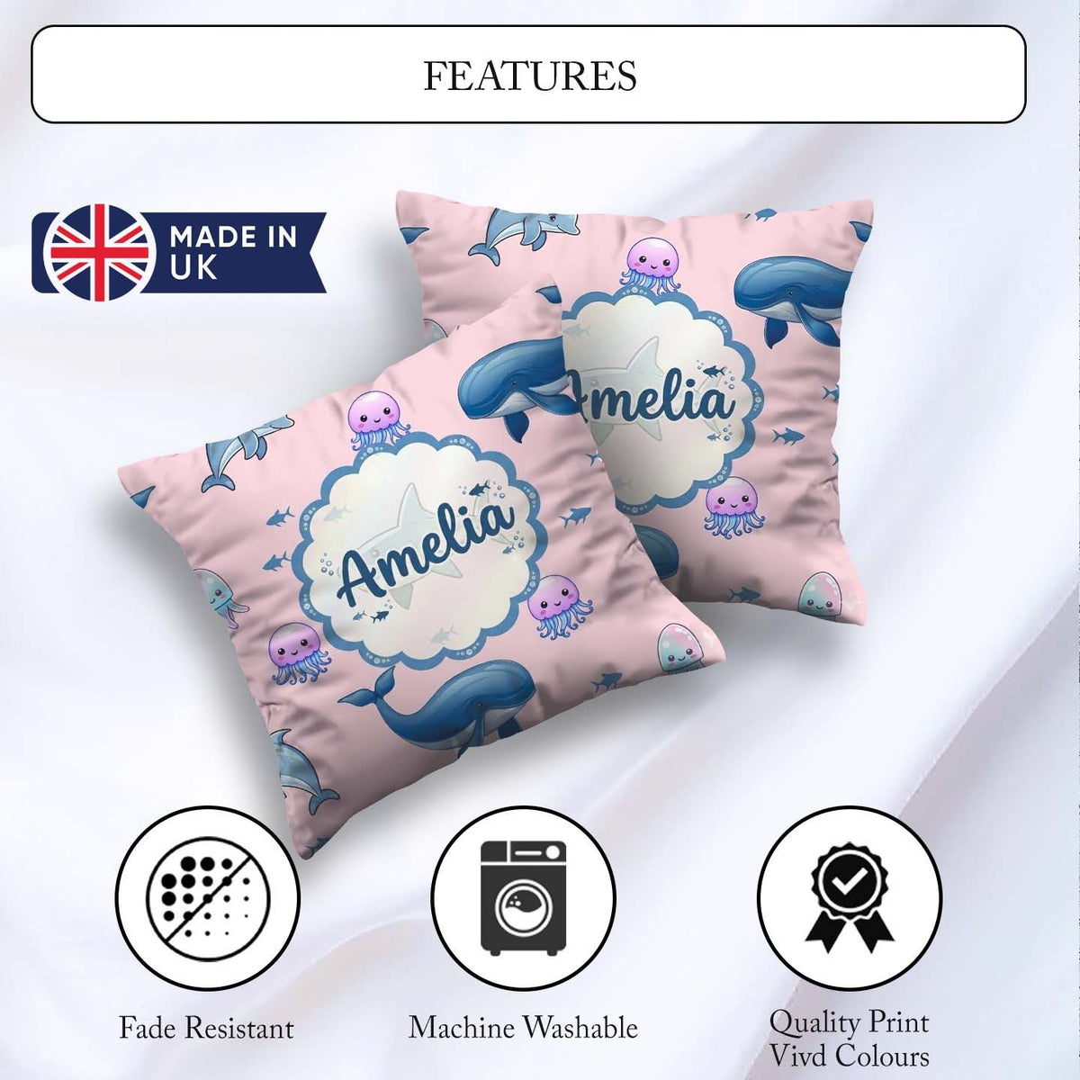 Custom Name Dolphin Shark and Ocean Animals Soft Pink Background Square Filled Cushion Throw Pillow Sofa Bed Home Decor Zip Washable UK Made
