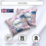 Custom Name Dolphin Shark and Ocean Animals Soft Pink Background Square Filled Cushion Throw Pillow Sofa Bed Home Decor Zip Washable UK Made