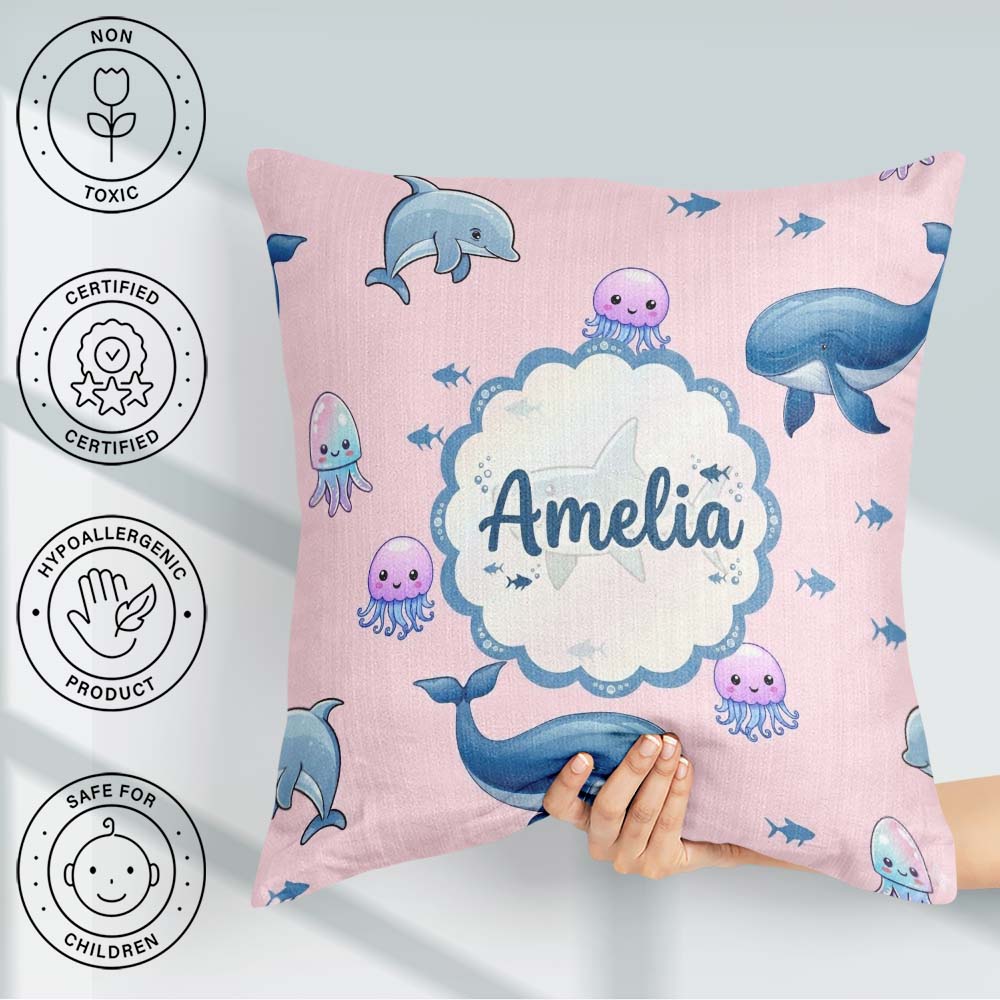 Custom Name Dolphin Shark and Ocean Animals Soft Pink Background Square Filled Cushion Throw Pillow Sofa Bed Home Decor Zip Washable UK Made
