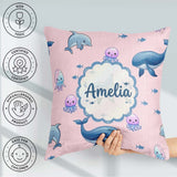 Custom Name Dolphin Shark and Ocean Animals Soft Pink Background Square Filled Cushion Throw Pillow Sofa Bed Home Decor Zip Washable UK Made