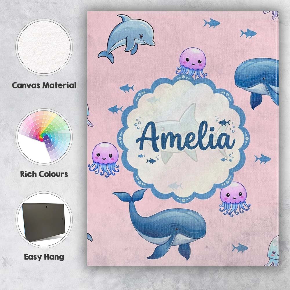 Personalised Name Cute Dolphin Shark and Custom  Unique Gift Idea Elegant Feature Canvas Wall Art Print Decor Picture Ready to Hang