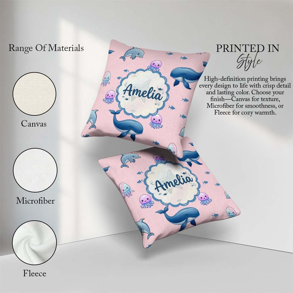 Custom Name Dolphin Shark and Ocean Animals Soft Pink Background Square Filled Cushion Throw Pillow Sofa Bed Home Decor Zip Washable UK Made