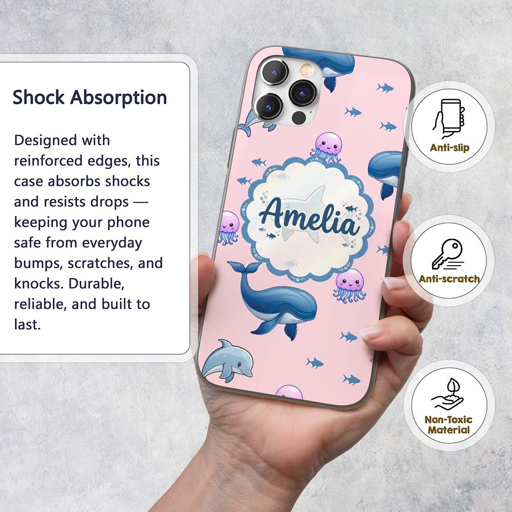 Cute Dolphin Shark and Jellyfish Ocean Animals Custom Name Protective Phone Case Mobile Cover Durable Everyday Smartphone Shock Resistant