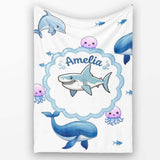 Cute Dolphin Shark and Jellyfish Ocean Animals Light Grey Background  Personalised Custom Name Super Soft Fleece Blanket Bed Sofa Throw