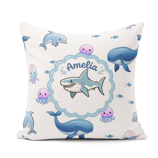 Custom Name Dolphin Shark and Jellyfish Ocean Animals Light Grey Square Filled Cushion Throw Pillow Sofa Bed Home Decor Zip Washable UK Made