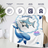 Cute Dolphin Shark and Jellyfish Ocean Animals Light Grey Background  Personalised Custom Name Super Soft Fleece Blanket Bed Sofa Throw