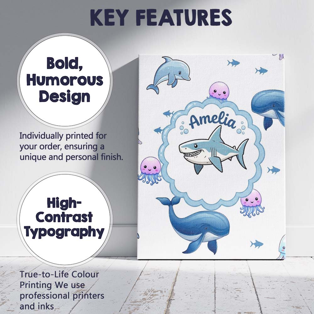 Personalised Name Cute Dolphin Shark and Custom  Unique Gift Idea Elegant Feature Canvas Wall Art Print Decor Picture Ready to Hang
