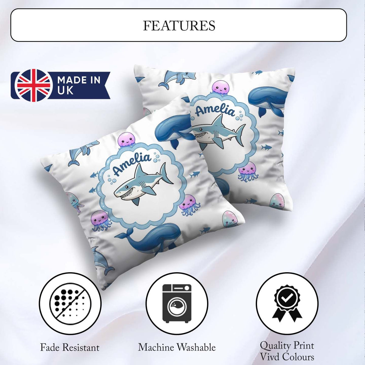 Custom Name Dolphin Shark and Jellyfish Ocean Animals Light Grey Square Filled Cushion Throw Pillow Sofa Bed Home Decor Zip Washable UK Made