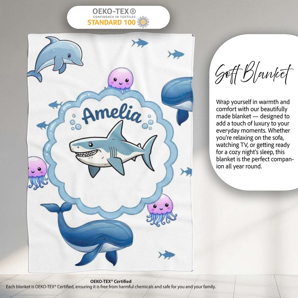 Cute Dolphin Shark and Jellyfish Ocean Animals Light Grey Background  Personalised Custom Name Super Soft Fleece Blanket Bed Sofa Throw