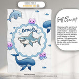 Cute Dolphin Shark and Jellyfish Ocean Animals Light Grey Background  Personalised Custom Name Super Soft Fleece Blanket Bed Sofa Throw
