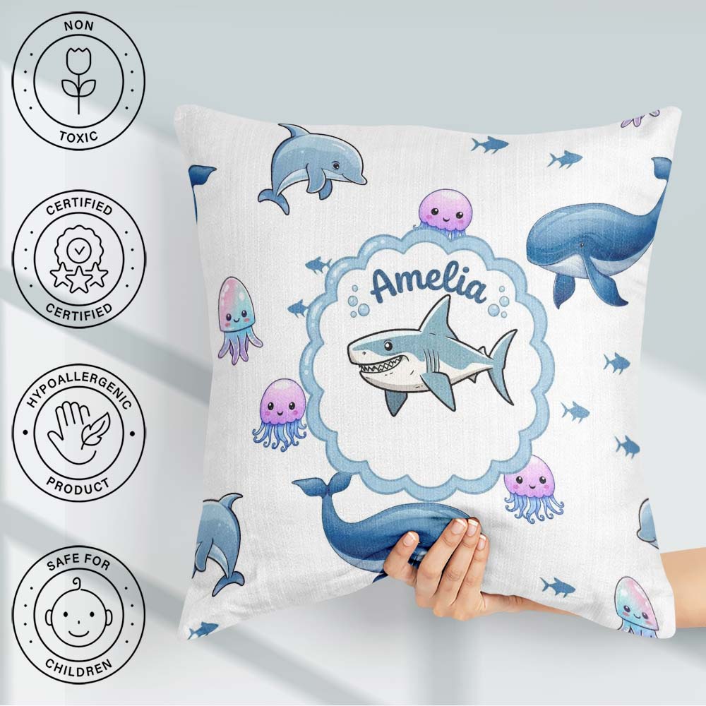 Custom Name Dolphin Shark and Jellyfish Ocean Animals Light Grey Square Filled Cushion Throw Pillow Sofa Bed Home Decor Zip Washable UK Made